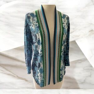 Chico’s Size M/1 Floral Open Front Cardigan Cotton Blend 3/4 Sleeve‎ Lightweight